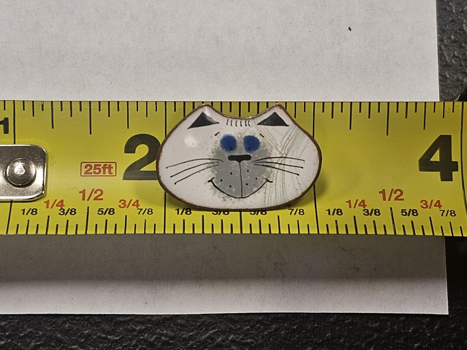 Vtg Nanci Mid Century Enamel On Copper Pin Brooch White Cat Face MCM Signed