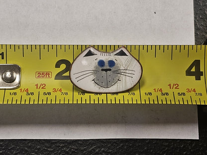 Vtg Nanci Mid Century Enamel On Copper Pin Brooch White Cat Face MCM Signed