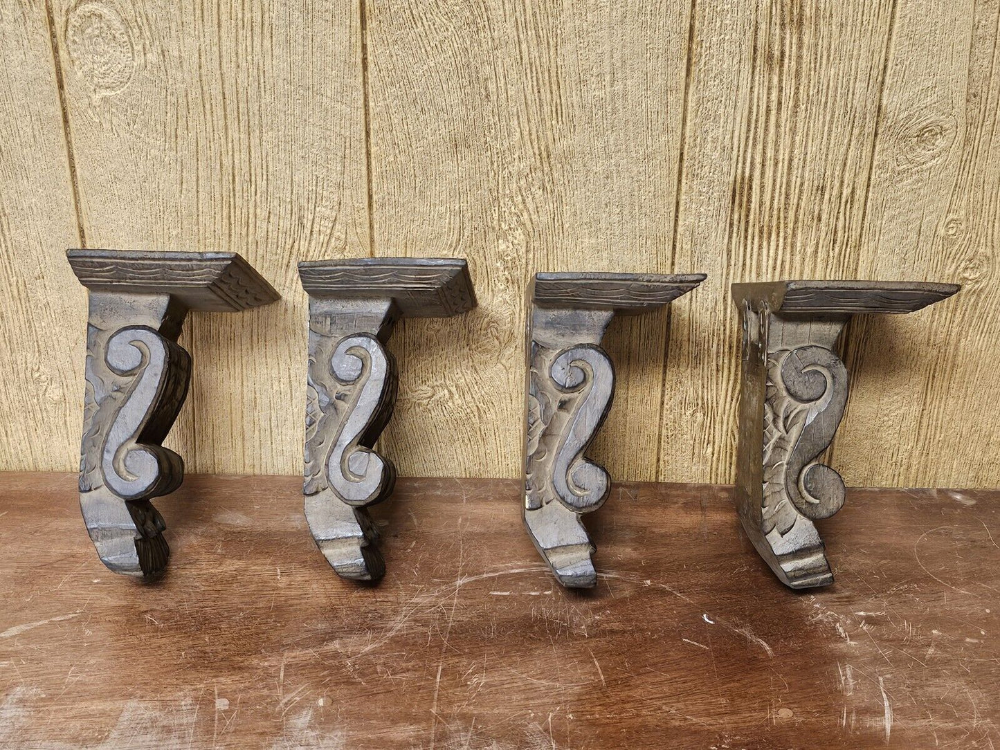 Acanthus Scroll Wood Wall Bracket Shelves Hand Carved 9 Inches Tall Set Of 4