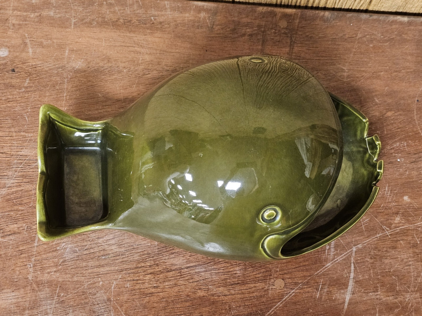 Vtg MCM California Pottery Large 13 Inch Green Fish Whale Decor Marked Repaired 