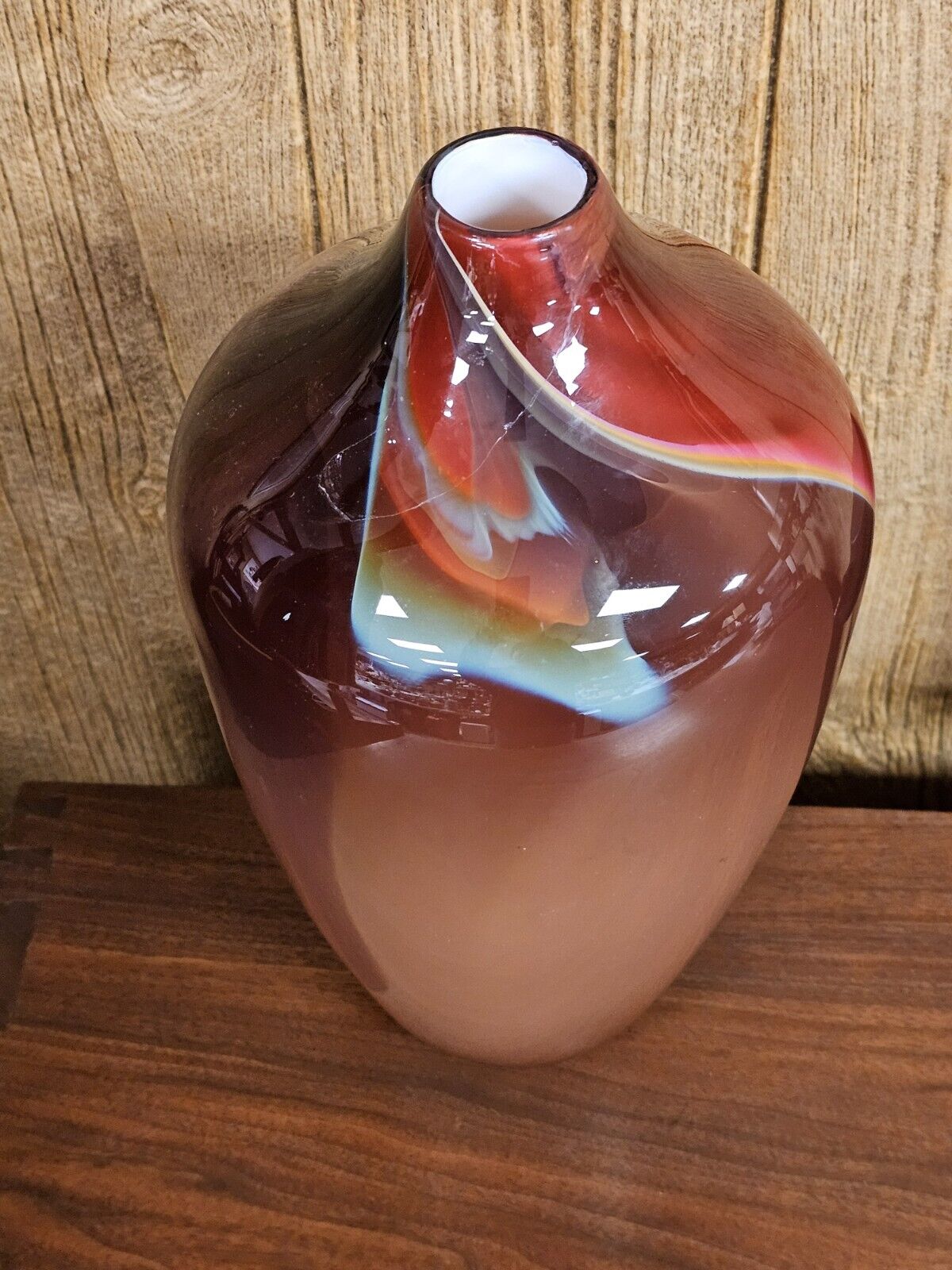 Michael Mortara Hand Blown Volcano Glass Vase 13.5" Tall Damaged On Top