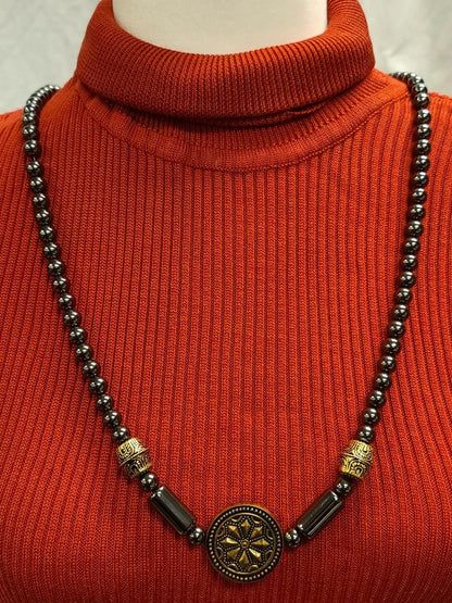 Hematite Beaded Vintage Necklace with Decorative Medallion