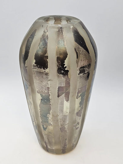 Adam Aaronson? Art Studio Smokey Glass Vase Signed 10 In Tall Silver Metallics