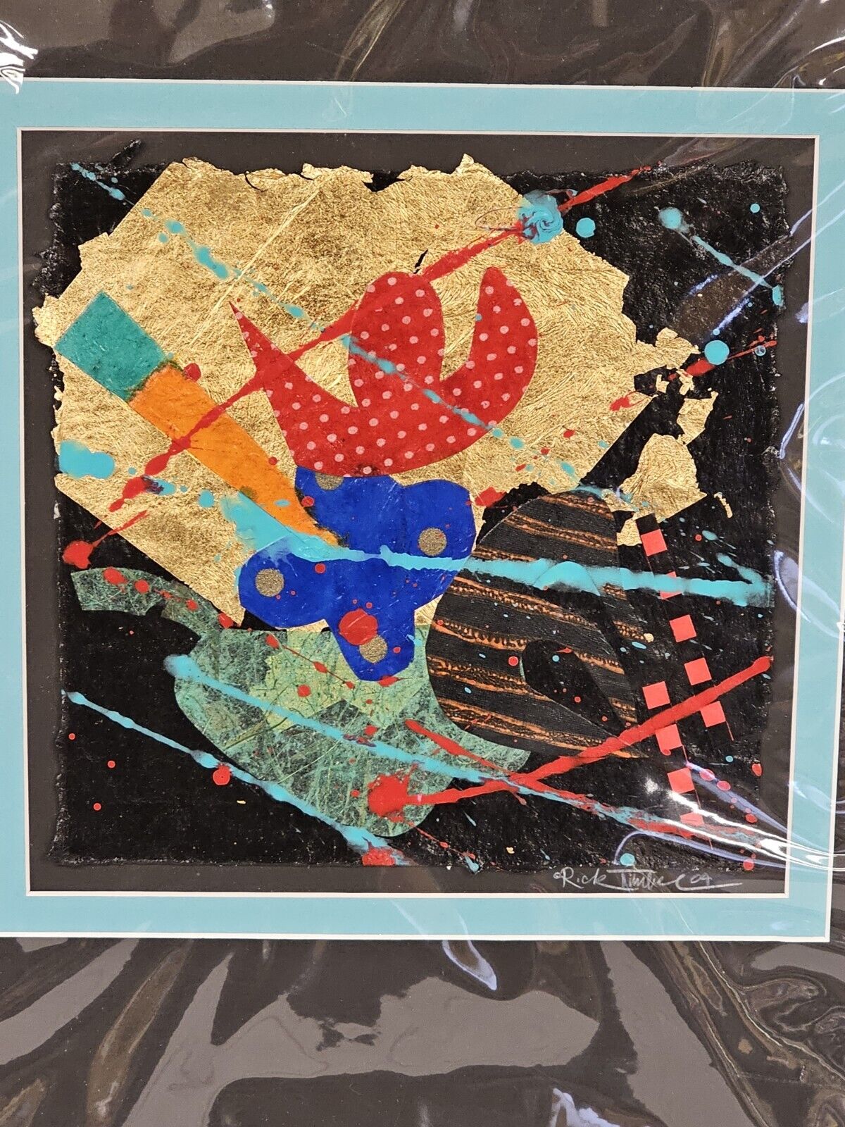 Abstract Paper Fiber Art Rick Tunkel Signed Matted 2004 "Gold Leaf VIIII Collage