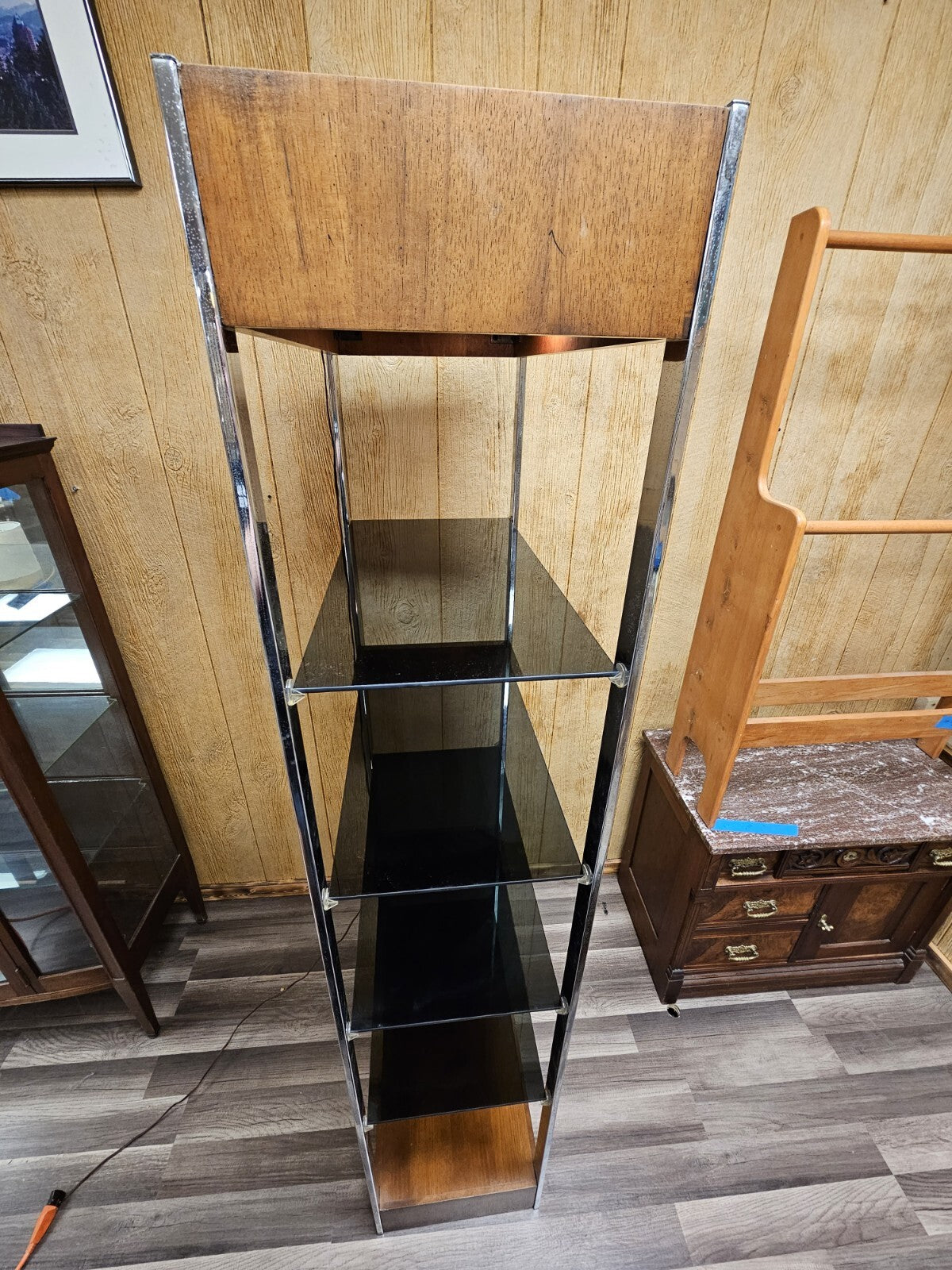 Vtg MCM Chrome & Walnut Post Modern Bookshelf Etagere W Smoky Glass Shelves