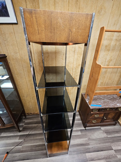 Vtg MCM Chrome & Walnut Post Modern Bookshelf Etagere W Smoky Glass Shelves