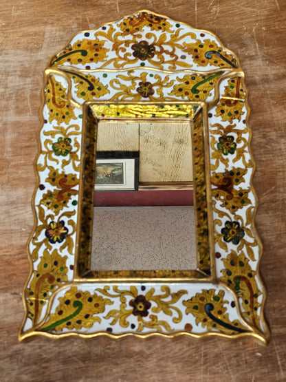 Vtg Reverse Hand Painted Glass Mirror On Wood With Gold Leaf & Ornate Medallions