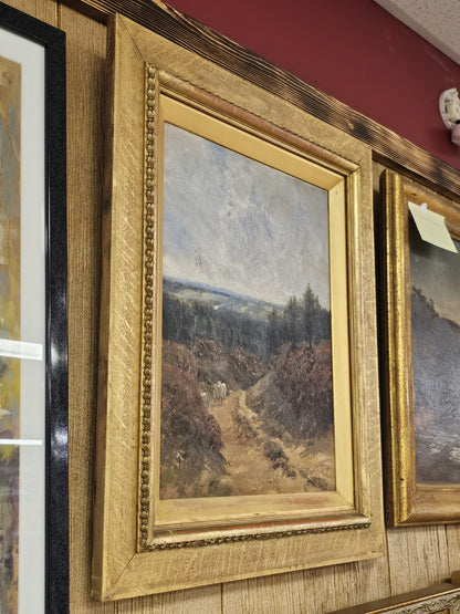Antique 19th Century Oil On Canvas 3D Painting Original Frame Mountsin Top Scene