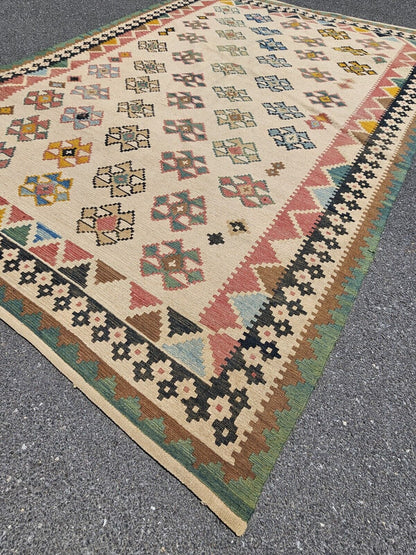 Vtg Moroccan? Handmade Flat Weave Reversible? Rug Geometric Motif 8' X 11'