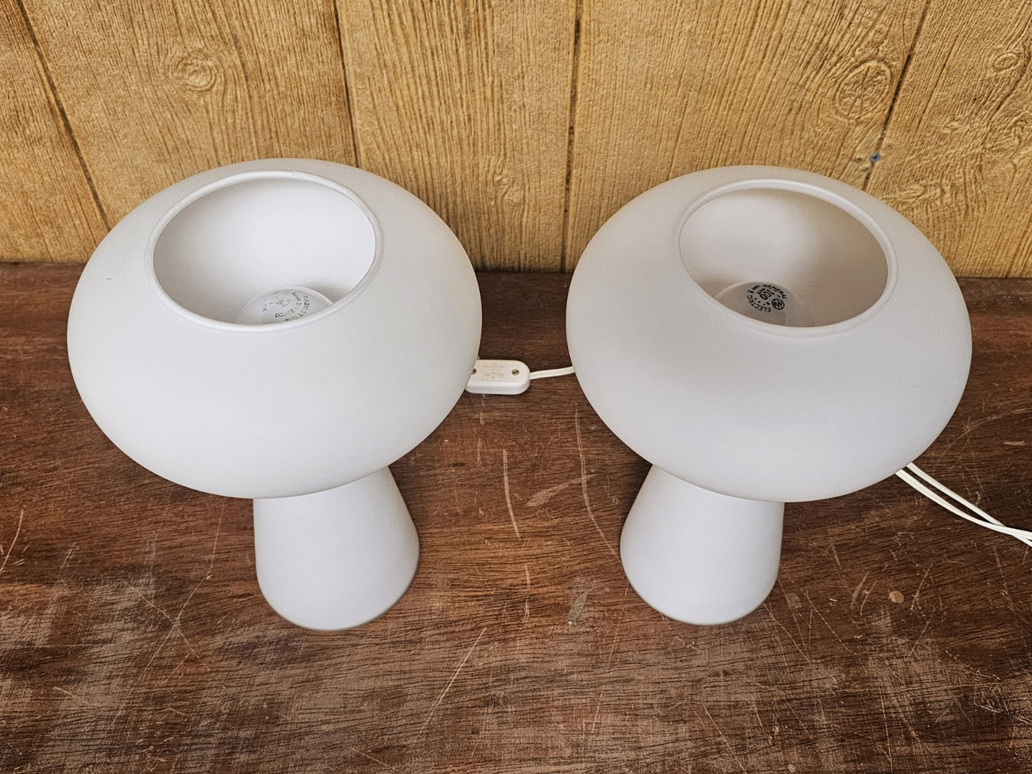 Mid Century MCM Mushroom Lamp Pair Frosted Glass By Gilbert 11.75 In Tall