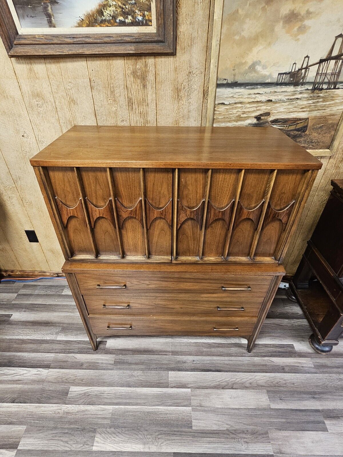 MCM Walnut Highboy Dresser Armoire By Kent Coffey For Perspectra 5 Drawer