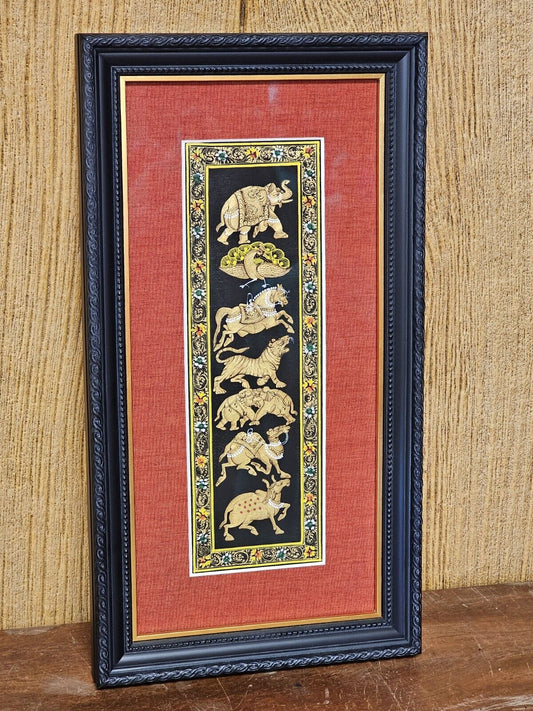 Rajasthani Style Indian Persian Framed Animal Procession Hand Painted On Silk