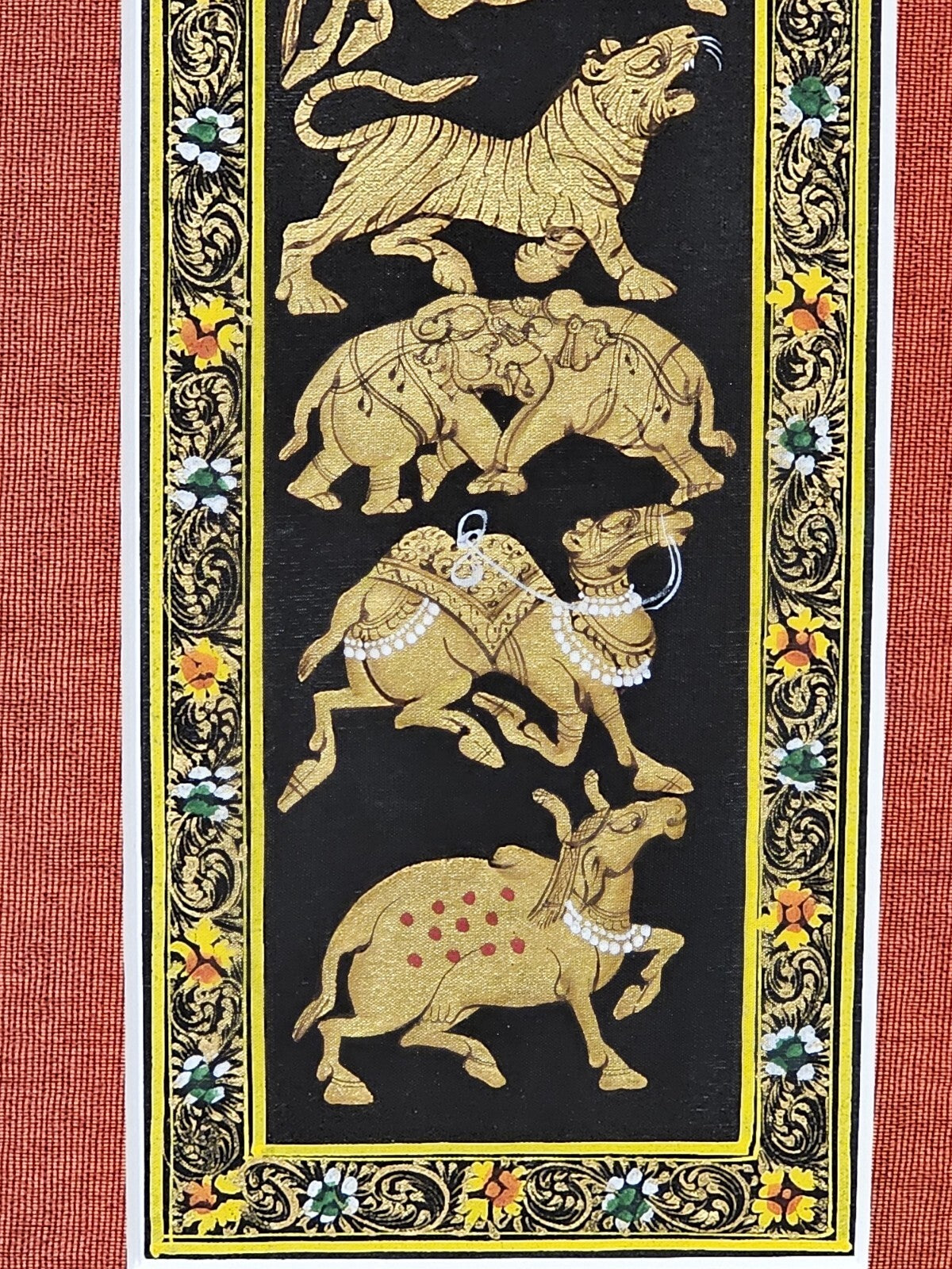 Rajasthani Style Indian Persian Framed Animal Procession Hand Painted On Silk