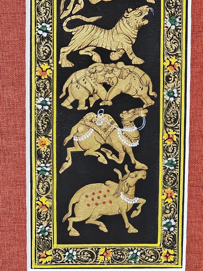 Rajasthani Style Indian Persian Framed Animal Procession Hand Painted On Silk