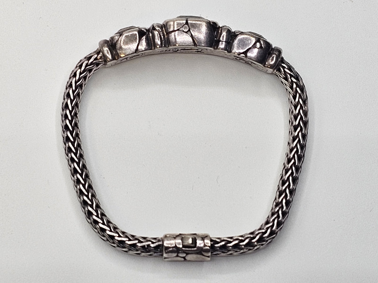 John Hardy 925 Sterling White Topaz Woven Bracelet 33 Grams 7.5 Inch 3 Stones