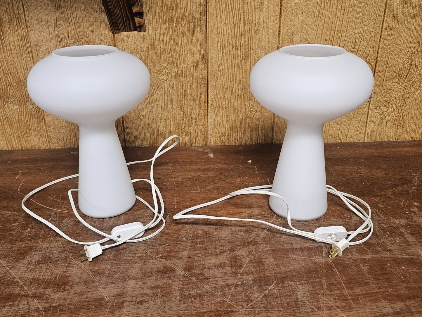 Mid Century MCM Mushroom Lamp Pair Frosted Glass By Gilbert 11.75 In Tall