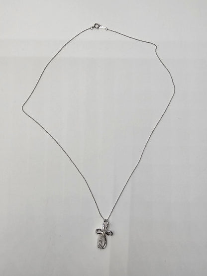 10k White Gold Cross Pendant & 10k White Gold Necklace W 8 Clear Stones 18 In