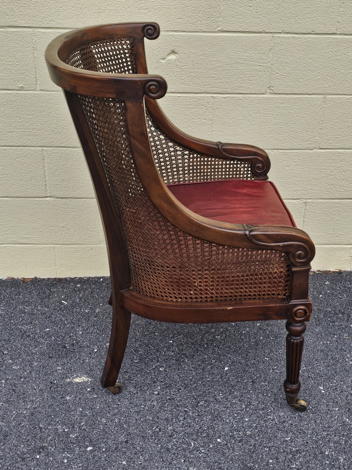 Vtg Regency Style Bergere Cane & Leather Armchair W Original Brass Casters 