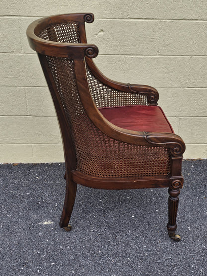 Vtg Regency Style Bergere Cane & Leather Armchair W Original Brass Casters 