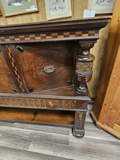 Antique Oak Sideboard Cabinet W Carved Columns & Checkered Inlay 3 Drawers