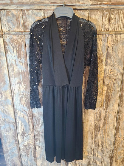 Vintage Sequin Lace Black V Neck Sleeved Formal Evening Summer Gown Dress