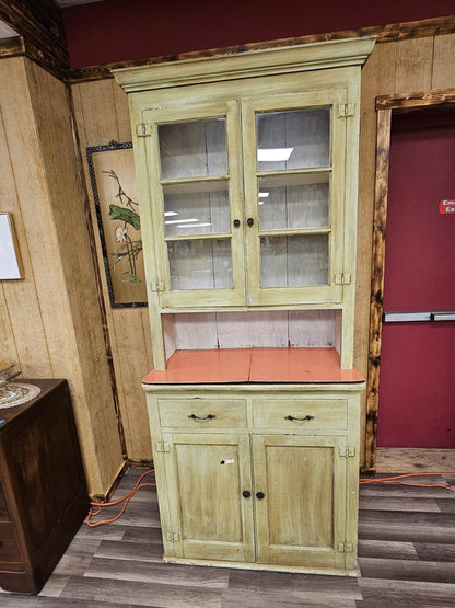 Antique Primitive Southern Country Farm Pine Storage Display Cabinet Green Hutch