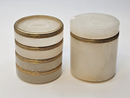 Vintage Italian White Opaline Round Cigarette Trinket Box & 4 Ashtray Coasters