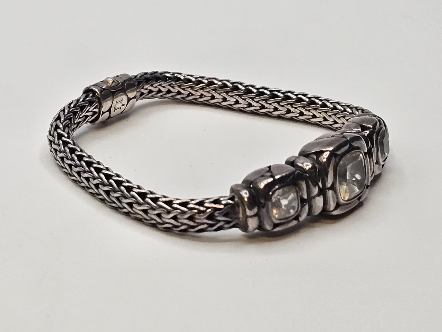 John Hardy 925 Sterling White Topaz Woven Bracelet 33 Grams 7.5 Inch 3 Stones