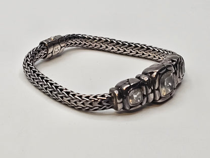 John Hardy 925 Sterling White Topaz Woven Bracelet 33 Grams 7.5 Inch 3 Stones