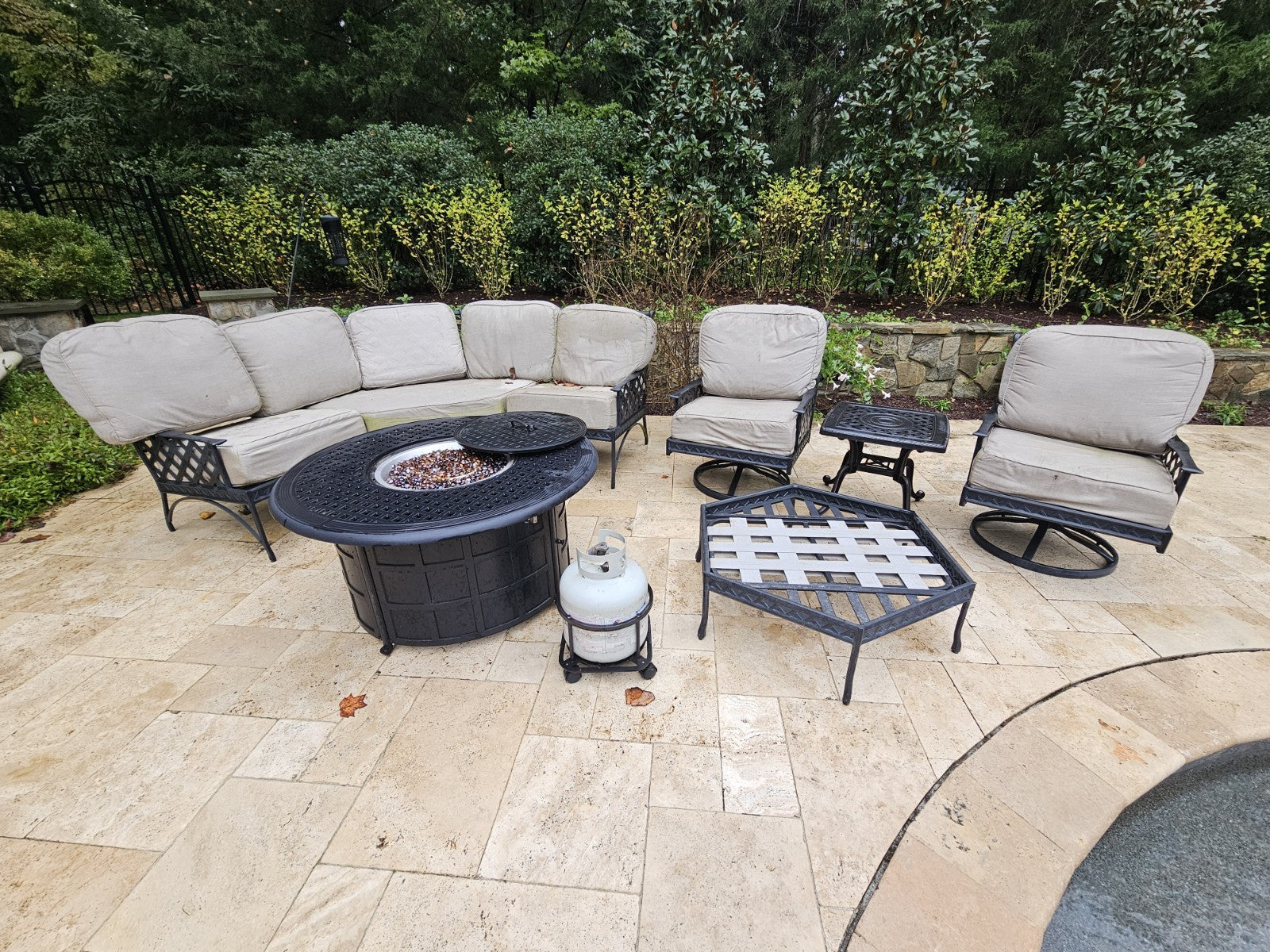 Outdoor Cast Aluminum Conversation Set Swivel Chairs Firepit Grand Terrace Style