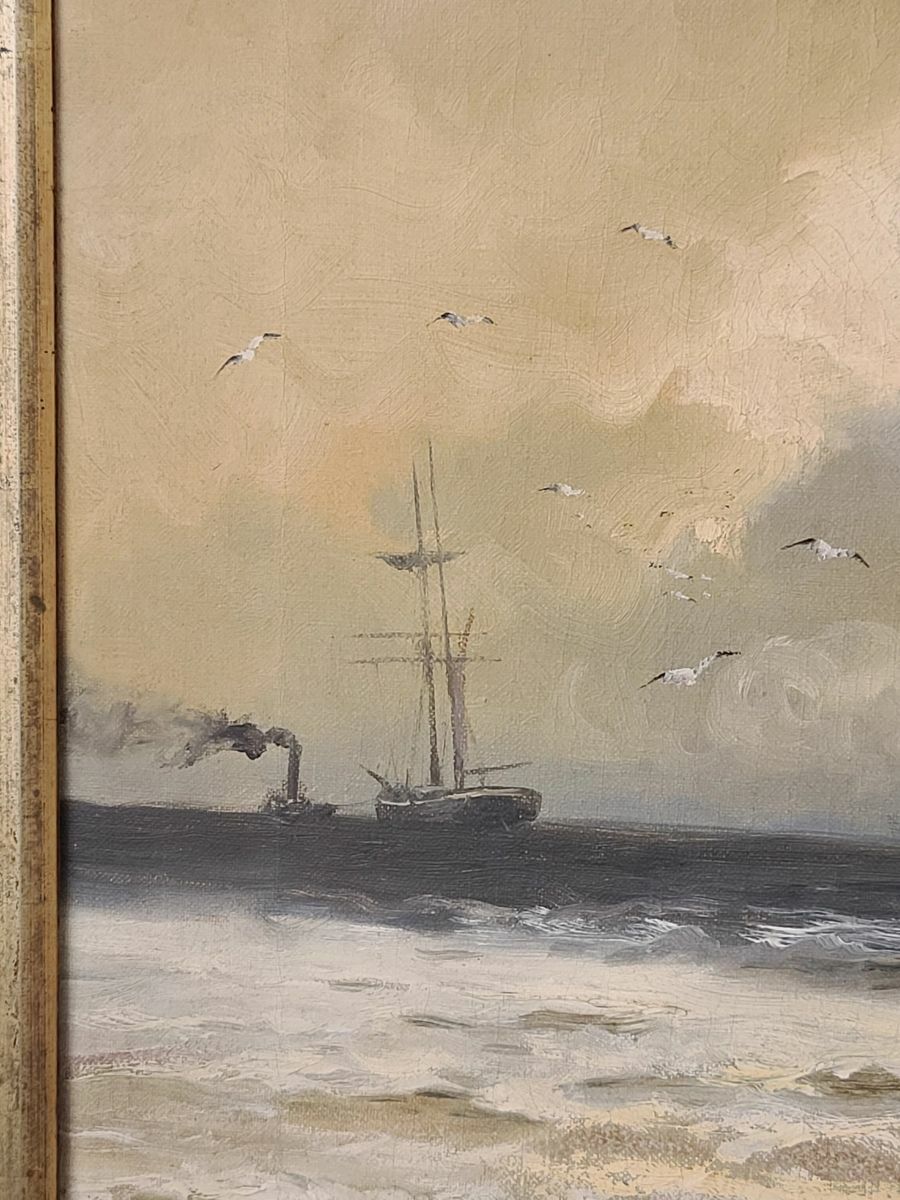 Original Eugene Fletcher Oil on Canvas English Water Pier Boat Scene (1857-1945)