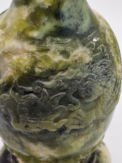 Vtg Chinese Green Jade Like Soapstone Vase With Dragon & Original Tag 6" Tall