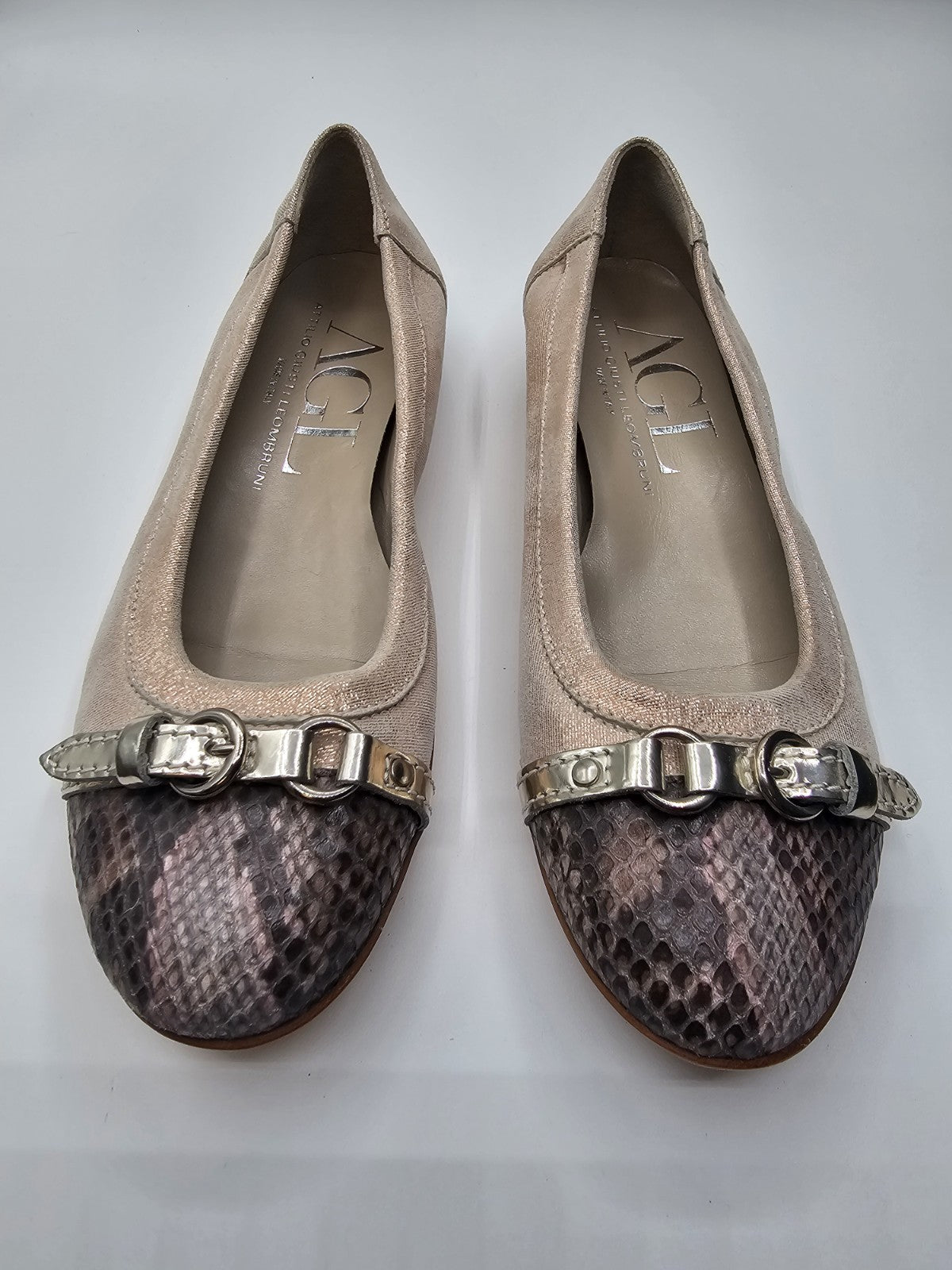 AGL Vero Cuoio Cap Toe Buckle Ballet Glitter Snakeskin Loafers Flats Size 36.5 
