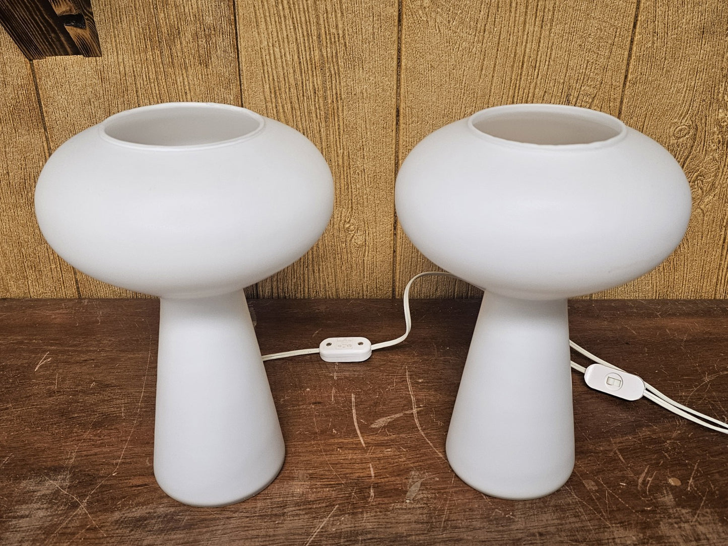 Mid Century MCM Mushroom Lamp Pair Frosted Glass By Gilbert 11.75 In Tall