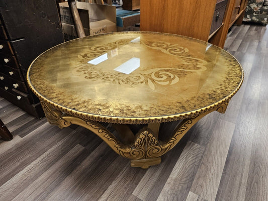 Vtg Hollywood Regency Brass / Gold Gilded Glass Top Round Coffee Table 