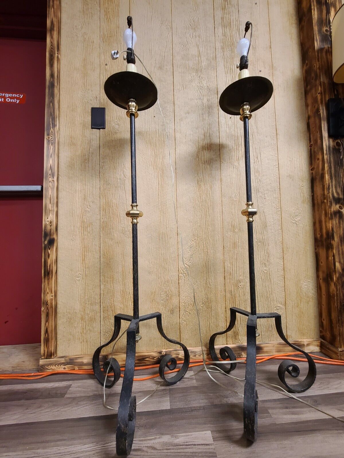 Wrought Iron Metal Pair of Mid Century Floor Lamps 3 Legs Dimmer Switches