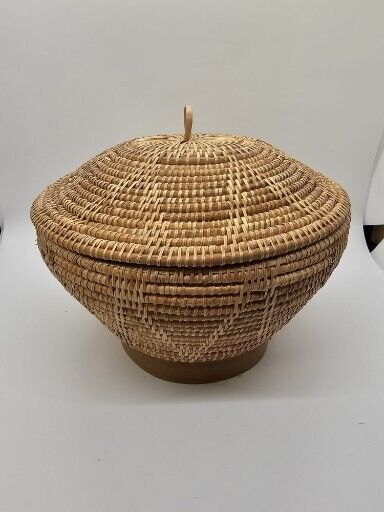 Native American? Hand Woven Lidded Coil Basket Great Quality 6" Tall X 8" Wide