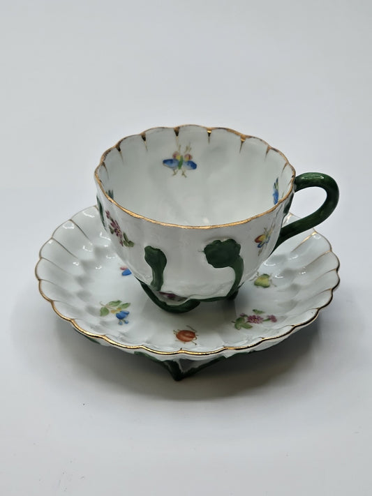 Lefton Porcelain Tea Cup & Saucer Hand Painted Footed Scalloped Edges 