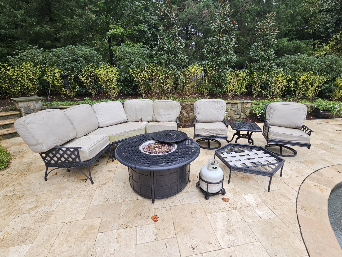 Outdoor Cast Aluminum Conversation Set Swivel Chairs Firepit Grand Terrace Style