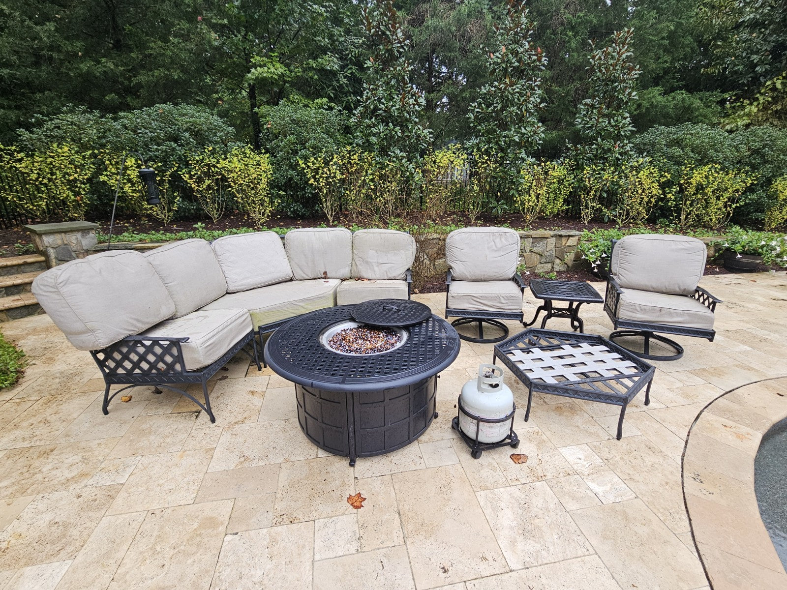 Outdoor Cast Aluminum Conversation Set Swivel Chairs Firepit Grand Terrace Style