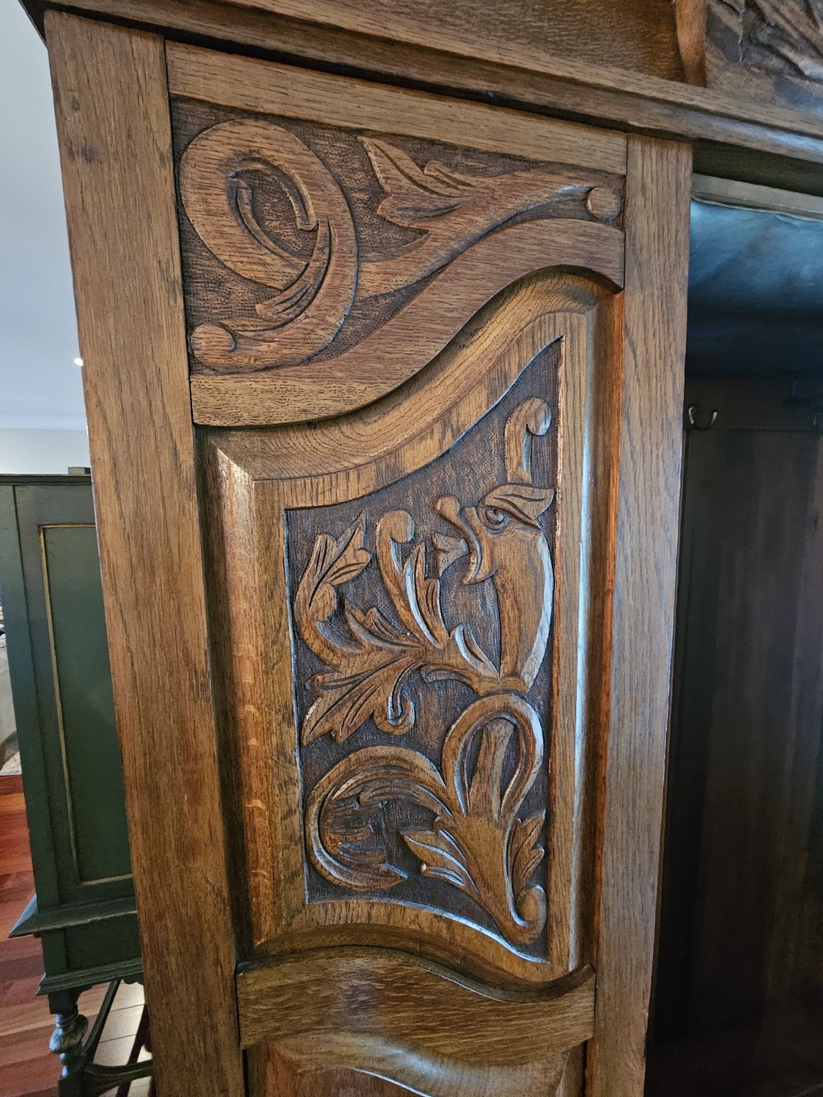 Antique 19th Century Hand Carved Oak Wardrobe W Phoenix Portable Cabinet Closet