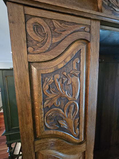 Antique 19th Century Hand Carved Oak Wardrobe W Phoenix Portable Cabinet Closet