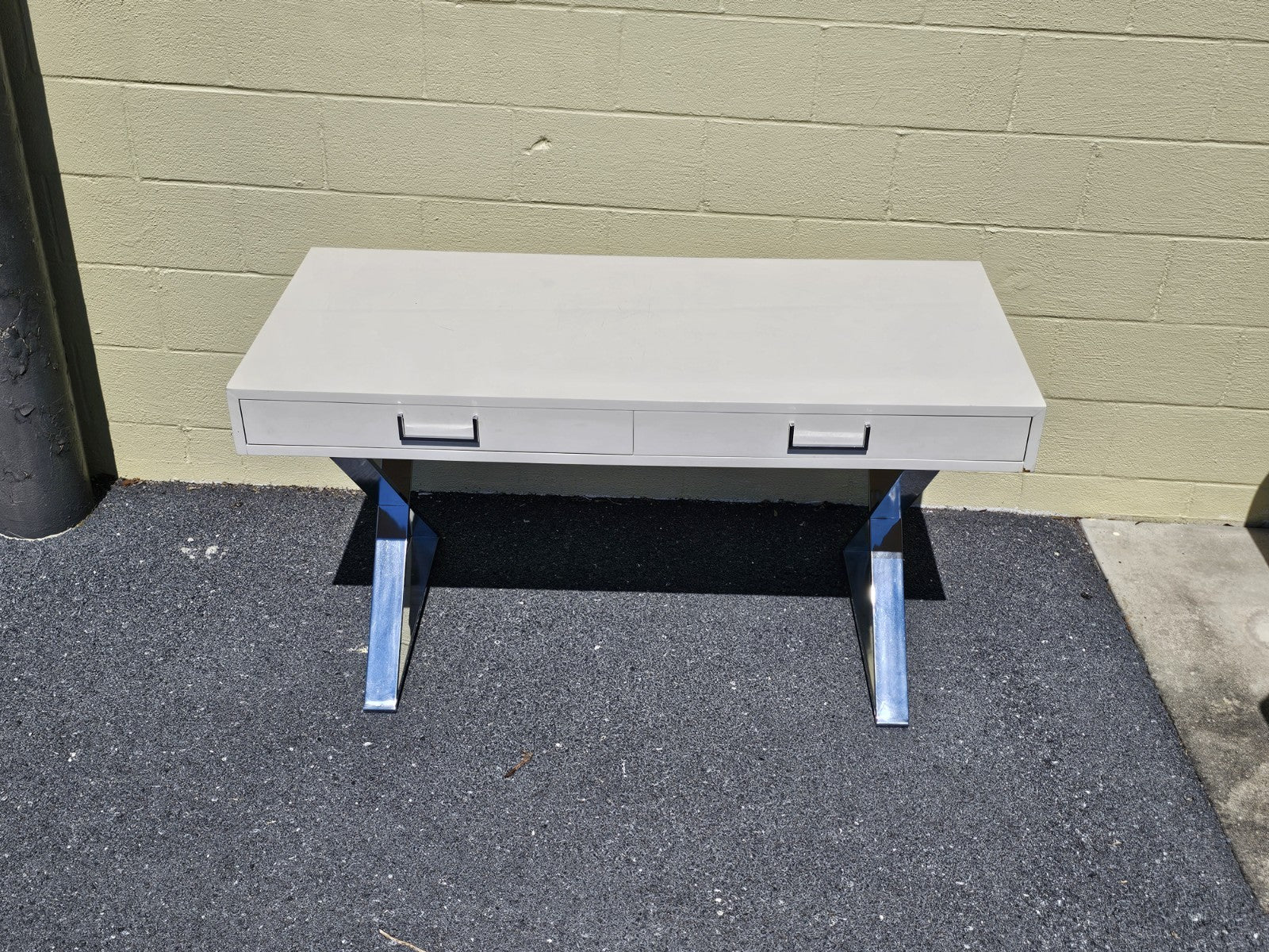 MCM Milo Baughman? Style Campaign Writing Desk White Lacquer & X Chrome Base