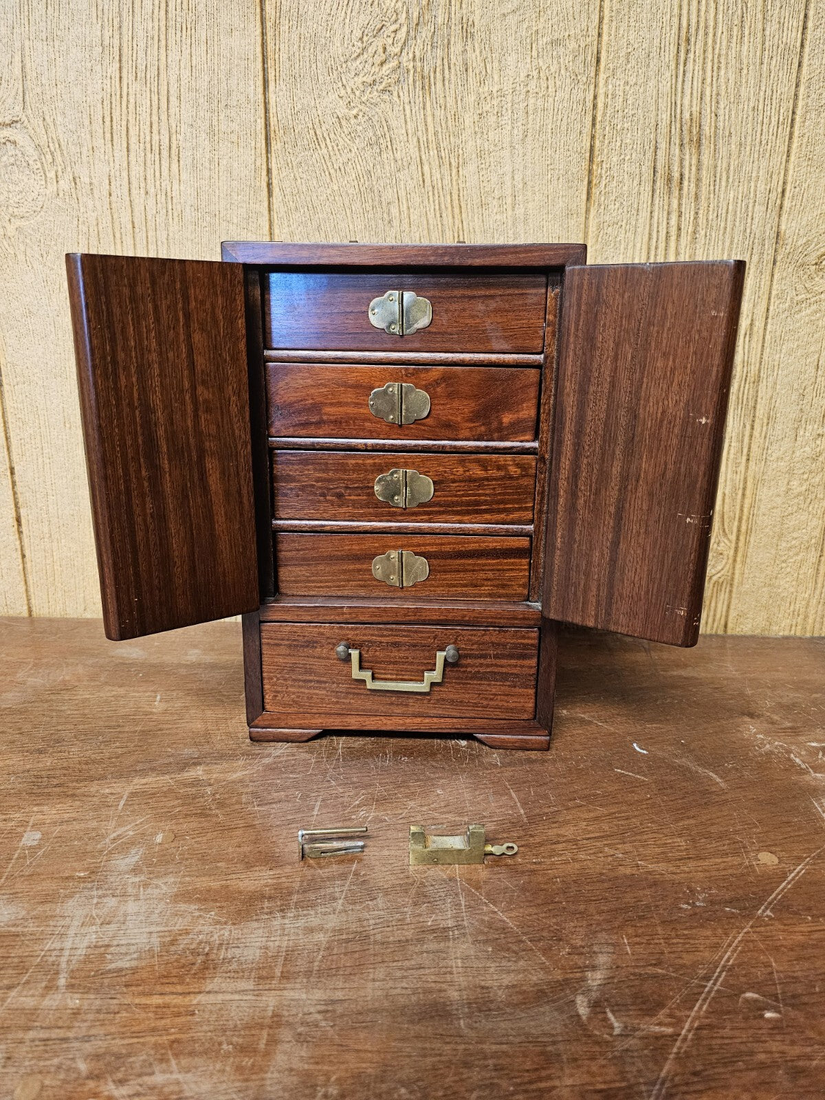 Vtg Chinese Real Wood 5 Drawer Jewelry Box With Brass Pulls & Lock 12 " Tall