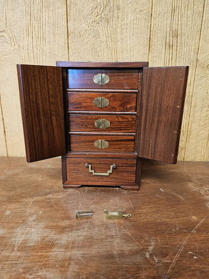 Vtg Chinese Real Wood 5 Drawer Jewelry Box With Brass Pulls & Lock 12 " Tall