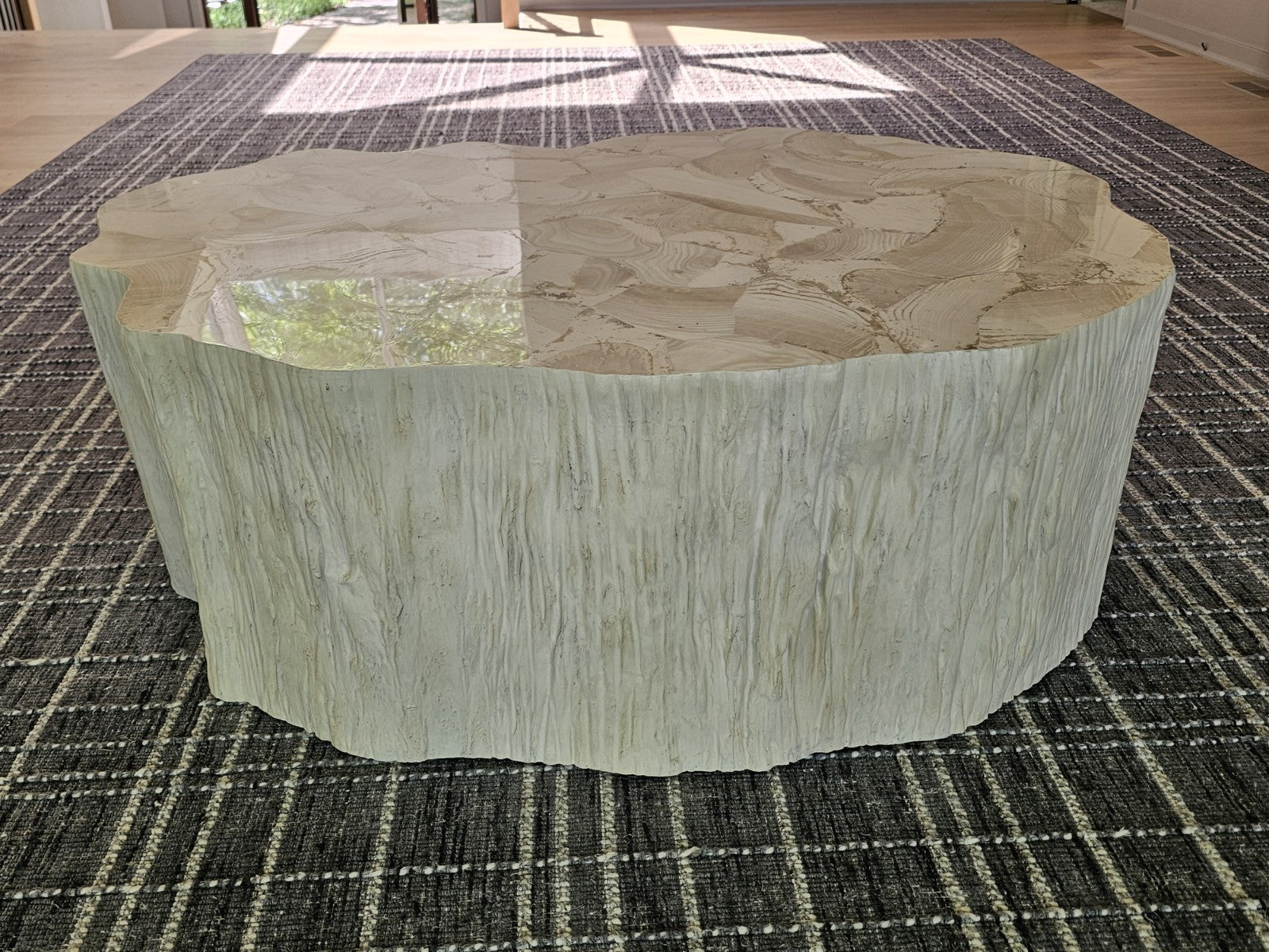 Fossilized Clam Shell Coffee Table On Cast Natural Tree Trunk Base By Camilla