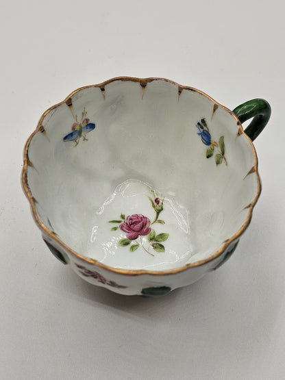 Lefton Porcelain Tea Cup & Saucer Hand Painted Footed Scalloped Edges 