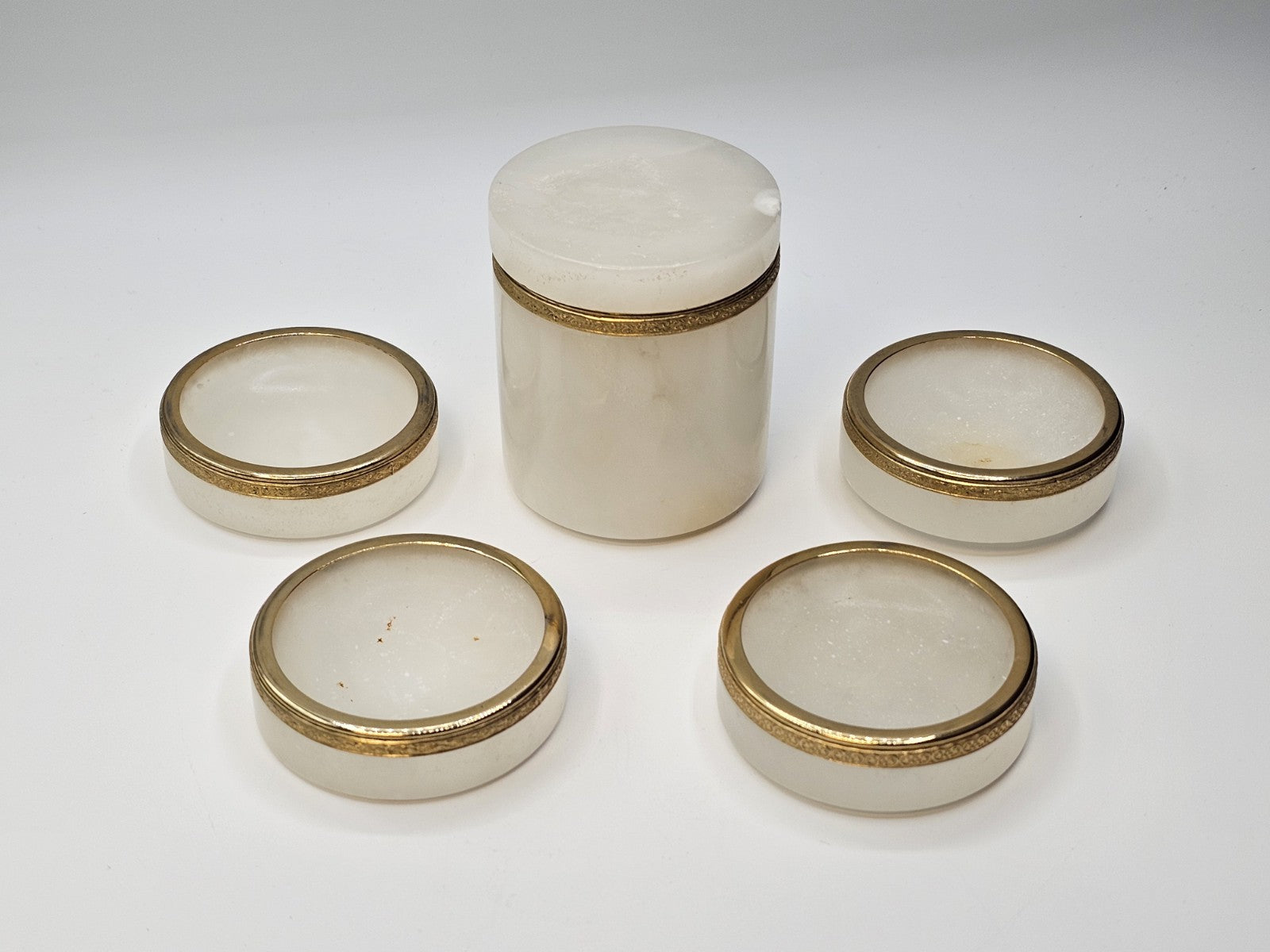 Vintage Italian White Opaline Round Cigarette Trinket Box & 4 Ashtray Coasters