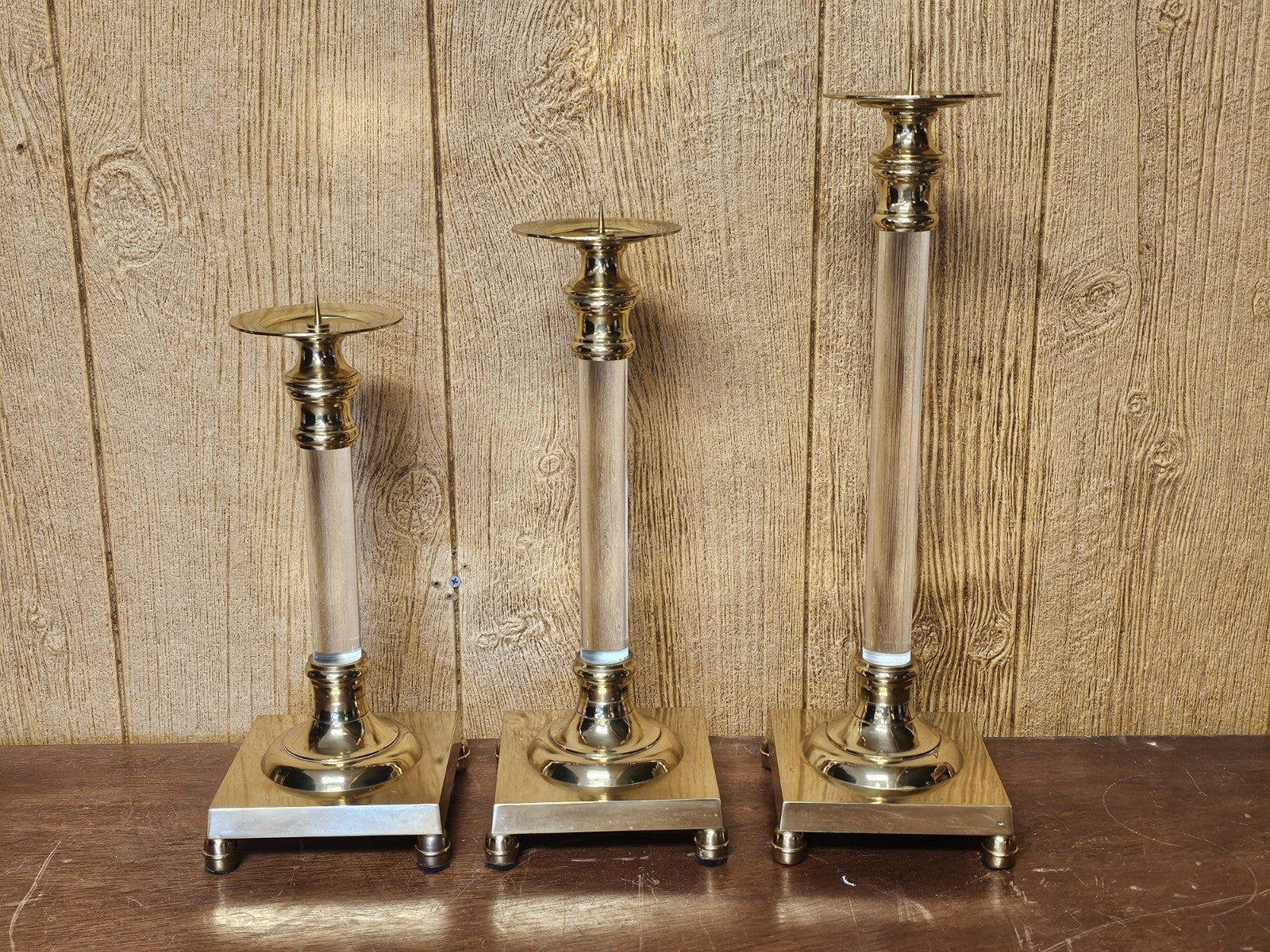 Vtg MCM Brass & Lucite Candle Holders Set Of Three 18.5 T X 16 T X 13.5 T 