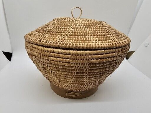 Native American? Hand Woven Lidded Coil Basket Great Quality 6" Tall X 8" Wide